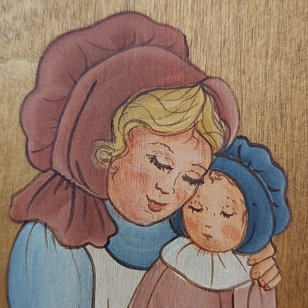 Beautiful Vintage Handpainted Prairie Girl+Doll Wooden Keepsake Box, Sliding Lid